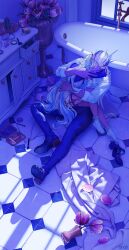  1boy 1girl absurdres anafigreen arm_around_another's_back arm_around_neck artist_name ascot bathroom bathtub blue_hair boots broken_mirror commentary english_commentary flower from_above full_body furina_(genshin_impact) genshin_impact hair_ornament highres hug indoors long_hair makeup_brush mirror multicolored_hair neuvillette_(genshin_impact) on_floor pants shirt shoes short_shorts shorts sitting sitting_on_person socks thigh_boots tile_floor tiles two-tone_hair unworn_shoes very_long_hair white_hair window window_shadow 
