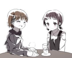  2girls black_eyes black_hair black_sailor_collar boro_(tn-boro) brown_hair closed_eyes commentary_request cup drinking_glass hair_ornament hatoda_ako himekawa_koyuki mahou_shoujo_ikusei_keikaku mahou_shoujo_ikusei_keikaku_unmarked multiple_girls open_mouth sailor_collar school_uniform short_hair smile table white_background 