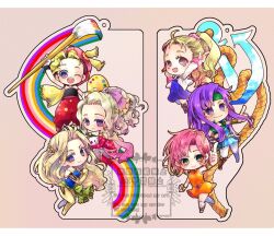  6+girls ahoge anchor bare_shoulders black_shirt blonde_hair blue_dress blue_eyes blue_shirt blue_tunic boots bow breasts brown_boots cape celes_chere chibi chibi_only cloak closed_mouth commentary_request creature detached_sleeves dress faris_scherwiz final_fantasy final_fantasy_v final_fantasy_vi floating full_body gold_trim gradient_cape green_cloak green_eyes green_headband green_sash hair_bow hair_ornament hat headband holding holding_creature holding_paint_palette holding_paintbrush jacket kh_524 krile_mayer_baldesion_(ff5) ladder_cutout lenna_charlotte_tycoon light_smile long_hair medium_breasts medium_hair moogle multiple_girls one_eye_closed open_mouth orange_dress paint_palette paintbrush pants pantyhose pink_background pink_bow pink_cape pink_eyes pink_hair pink_sash pointing ponytail print_hat print_pantyhose purple_hair rainbow red_boots red_dress red_pants red_sleeves relm_arrowny rope sash shirt short_hair smile socks terra_branford tunic violet_eyes waist_sash white_jacket white_socks wristband yellow_cape yellow_pants yellow_sleeves 