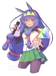  1girl animal_ears black_sleeves bow bowtie breasts brown_pantyhose commentary_request dark-skinned_female dark_skin facepaint facial_mark fate/grand_order fate_(series) green_skirt hairband jackal_ears long_hair long_sleeves looking_at_viewer medium_breasts microphone nitocris_(fate) open_mouth outstretched_arm pantyhose purple_hair saint_quartz_(fate) saipaco shirt sidelocks skirt smile solo thighs very_long_hair violet_eyes white_shirt 