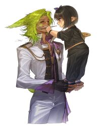  1boy 1girl absurdres animal_ears black_hair black_jacket commentary_request dark-skinned_male dark_skin eheeya_(ff14) facepaint final_fantasy final_fantasy_xiv green_eyes green_hair highres holding holding_paint_palette holding_paintbrush jacket korean_commentary lalafell medium_hair p0s0m paint paint_palette paintbrush painting_(action) pants pointy_ears rabbit_boy rabbit_ears short_hair signature simple_background size_difference smile sugar_riot viera white_background yan_(final_fantasy) 
