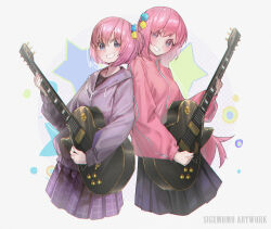  2girls absurdres aged_up artist_name black_skirt blue_eyes blush bocchi_the_rock! chinese_commentary clenched_teeth commentary_request cowboy_shot cropped_legs cube_hair_ornament dove_momo electric_guitar gotoh_futari gotoh_hitori grey_background guitar hair_ornament highres holding holding_guitar holding_instrument hood hoodie instrument long_hair long_sleeves looking_at_viewer multiple_girls pink_hair pink_track_suit pleated_skirt purple_hoodie purple_skirt short_hair siblings signature sisters skirt smile star_(symbol) teeth track_suit 