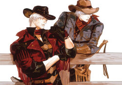  2boys absurdres blue_coat chinese_commentary coat commentary_request cowboy_hat cowboy_western dante_(devil_may_cry) devil_may_cry_(series) devil_may_cry_4 family hat hayashishisou highres jacket leaning looking_to_the_side male_focus multiple_boys nero_(devil_may_cry) red_jacket uncle_and_nephew upper_body white_background white_hair 