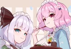  2girls affogato_(pixiv_98217350) alternate_costume apron blue_eyes blue_kimono closed_mouth commentary_request cup dango eating flower food food_request green_kimono grey_hair hair_flower hair_ornament holding holding_tray japanese_clothes kimono konpaku_youmu korean_commentary looking_at_viewer maid maid_apron maid_headdress multiple_girls parfait pink_eyes pink_flower pink_hair saigyouji_yuyuko sanshoku_dango smile touhou tray wa_maid wagashi white_apron yunomi 