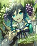  1boy :d aqua_eyes aqua_hair arm_up bangs black_bow black_bowtie black_hair bottle bow bowtie braid brown_corset buttons capelet center_frills collared_capelet commentary_request corset dated food frilled_sleeves frills fruit genshin_impact gradient_hair grape_vine grapes green_capelet hair_between_eyes hand_up happy_birthday holding holding_bottle leaf light_particles long_sleeves looking_at_viewer male_focus medium_hair multicolored_hair open_mouth parted_bangs plant shirt side_braids sidelocks smile solo striped striped_bow striped_bowtie su34ma swept_bangs twin_braids upper_body venti_(genshin_impact) vines white_shirt wine_bottle 