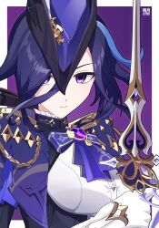  1girl absolution_(genshin_impact) ascot black_corset breasts button_gap cape clorinde_(genshin_impact) commentary_request corset epaulettes fold-over_gloves framed_breasts genshin_impact gloves gyogetu_mi hair_between_eyes hat hat_feather highres holding long_hair long_hair_between_eyes looking_at_viewer purple_ascot purple_cape purple_hair shirt solo taut_clothes taut_shirt tricorne violet_eyes vision_(genshin_impact) white_gloves white_shirt 
