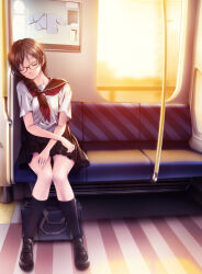  1girl bag black_skirt braid closed_mouth evening full_body glasses hair_over_shoulder hair_tie hand_on_own_thigh highres loafers neckerchief original red_neckerchief rezi school_bag school_uniform serafuku shoes short_sleeves sitting skirt sleeping socks train_interior white_dickey 