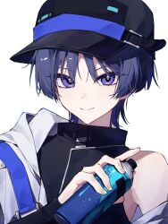 1boy alternate_costume belt bishounen black_hair black_hat blue_belt blunt_ends choppy_bangs closed_mouth commentary eyelashes eyeliner fingernails genshin_impact hand_up hat highres holding holding_spray_can hoyofair jacket looking_at_viewer makeup male_focus open_clothes open_jacket peaked_cap portrait red_eyeliner scaramouche_(genshin_impact) shirt single_bare_shoulder single_off_shoulder smile solo split_mouth spray_can tsurime turtleneck turtleneck_shirt u7yc8z violet_eyes wanderer_(genshin_impact) white_background white_jacket wispy_bangs wolf_cut 