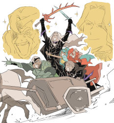  >_< 2girls 3boys absurdres answerer_(weapon) armor benditz_(fire_emblem) black_armor blue_hair charging_forward chariot clinging dietrich_gregor_lamine esmeralda_sinza eyepatch fabio_gil_toro_alvarez fire_emblem fire_emblem:_fortune's_weave green_armor grey_hair highres holding holding_sword holding_weapon long_hair mikaela_ogosto multiple_boys multiple_girls ookutsuwa_waga orange_hair scared sparkle sword weapon zoom_layer 