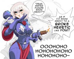  1girl adepta_sororitas adversarial_noise armor black_armor blue_eyes blush breasts d4ncwart english_text facial_tattoo fire flamer fleur-de-lis holding holding_weapon imperium_of_man large_breasts laughing looking_at_viewer ojou-sama_pose orders_hospitaller pauldrons power_armor purity_seal short_hair shoulder_armor smug solo speech_bubble talking tattoo warhammer_40k weapon white_hair 