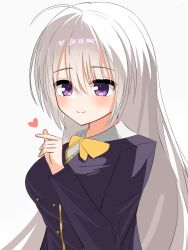  1girl absurdres adapted_costume ahoge ayachi_nene backlighting black_jacket blush bow bowtie breasts buttons closed_mouth commentary double-breasted eyes_visible_through_hair finger_heart grey_hair hair_between_eyes hand_up heart highres himematsu_academy_school_uniform jacket kongou_q large_breasts long_hair long_sleeves looking_ahead sanoba_witch school_uniform sidelocks simple_background smile solo split_mouth upper_body very_long_hair violet_eyes white_background yellow_bow yellow_bowtie 