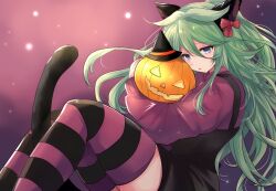  1girl alternate_costume animal_ears black_dress cat_ears cat_tail dress green_eyes green_hair halloween_costume highres hirune_(konekonelkk) jack-o'-lantern kantai_collection long_hair pinafore_dress purple_background purple_sweater purple_thighhighs sleeveless sleeveless_dress solo striped_clothes striped_thighhighs sweater tail thigh-highs yamakaze_(kancolle) 