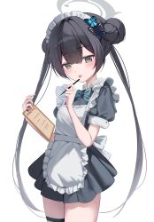  1girl :p absurdres alternate_costume apron black_dress black_hair blue_archive blush butterfly_hair_ornament clipboard commentary cowboy_shot double_bun dress enmaided frilled_apron frilled_hairband frills grey_eyes grey_halo hair_between_eyes hair_bun hair_ornament hairband halo hands_up highres holding holding_clipboard kisaki_(blue_archive) leepy long_hair looking_at_viewer maid maid_headdress puffy_short_sleeves puffy_sleeves short_sleeves simple_background solo thigh_strap tongue tongue_out twintails untranslatable_commentary very_long_hair white_apron white_background white_hairband 