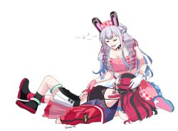  2girls asymmetrical_gloves bang_dream! bang_dream!_yumemita black_boots black_hair black_shirt boots bracelet braid closed_eyes collar commentary detached_collar earrings english_commentary fang fingerless_gloves fishnet_top fishnets gloves grey_hair half_up_braid hat headphones highres jacket jewelry lap_pillow mechanical_ears mismatched_gloves miyanaga_nonoka miyanaga_nonoka_(virtual) multicolored_hair multiple_girls nurse_cap open_mouth pink_collar pink_gloves pink_shirt pink_skirt red_hair red_jacket sengoku_yuno sengoku_yuno_(virtual) shirt simple_background skirt smile thigh_strap tmtm_1301 two-tone_hair white_background white_gloves yuri 