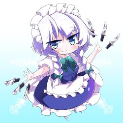  1girl apron blue_background blue_dress blue_eyes bow bowtie braid closed_mouth collared_shirt combat2000_(kuroneko) commentary_request dress frilled_dress frills gradient_background green_bow green_bowtie grey_hair hair_bow highres izayoi_sakuya knife long_hair maid maid_headdress pinafore_dress puffy_short_sleeves puffy_sleeves shirt short_sleeves sleeveless sleeveless_dress smile solo touhou twin_braids waist_apron white_apron white_shirt 