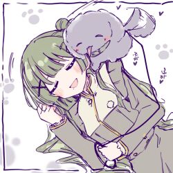  1girl :3 akiha_school_uniform animalization bang_dream! bang_dream!_yumemita blush closed_eyes cowboy_shot dog fuji_miyako green_hair hair_bun hair_ornament heart highres holding holding_leash icegreentea29 leash long_sleeves mole mole_under_mouth one_side_up paw_print paw_print_background school_uniform single_side_bun solo tongue tongue_out viola_(bang_dream!) white_background x_hair_ornament 