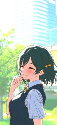 1girl absurdres backlighting black_eyes black_hair black_vest blurry blurry_background blush bow bowtie bright_pupils building buttons character_request closed_eyes closed_mouth collared_shirt day from_side hair_ribbon hand_on_own_cheek hand_on_own_face highres love_live! outdoors overexposure ribbon shirt short_hair short_sleeves smile sunlight tree upper_body uyu1023 vest white_pupils white_shirt yellow_bow yellow_bowtie 