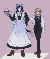  1boy 1girl absurdres alternate_costume animal_ears apron ashveil_(honkai:_star_rail) black_gloves black_hair black_jacket black_necktie black_pants brown_hair brown_shoes cake cat_boy cat_ears cat_tail chamomilliya commentary crossdressing crossdressing_(ftm) crossdressing_(mtf) diamond-shaped_pupils diamond_(shape) english_commentary food gloves green_eyes highres holding holding_tray honkai:_star_rail honkai_(series) jacket kuchiba_(honkai:_star_rail) long_hair maid maid_apron maid_headdress male_maid medium_hair multicolored_eyes neck_ribbon necktie pants ribbon shirt shoes sigh sweat symbol-shaped_pupils tail tray white_gloves white_ribbon white_shirt yellow_eyes 