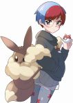  1girl absurdres backpack bag bangs blue_hair blush brown_bag closed_mouth commentary_request eevee glasses grey_eyes hand_in_pocket hand_up highres holding holding_poke_ball hood hood_down hoodie legwear_under_shorts looking_at_viewer miyama-san multicolored_hair pantyhose penny_(pokemon) poke_ball poke_ball_(basic) pokemon pokemon_(game) pokemon_sv redhead round_eyewear see-through see-through_skirt shorts shorts_under_skirt skirt solo themed_object two-tone_hair 