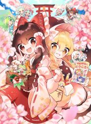  6+girls :3 :d ;d animal_ears apron ascot black_hat black_skirt black_vest blonde_hair blue_hair blue_necktie blush bottle bow braid brown_eyes brown_hair camera cat_ears cat_girl cat_tail cherry_blossoms closed_eyes closed_mouth coin commentary_request deer detached_sleeves dress flower frilled_bow frilled_hair_tubes frills frog_hair_ornament gap_(touhou) gold goutokuji_mike green_eyes green_hair grey_hair hair_bow hair_ornament hair_tubes hakurei_reimu hat hat_bow highres holding holding_camera holding_umbrella ibuki_suika izayoi_sakuya kirisame_marisa koban_(gold) kochiya_sanae komano_aunn long_hair maid maid_headdress mikako_chan3 mob_cap multiple_girls necktie one_eye_closed outdoors parasol pink_flower pink_hat purple_dress red_bow red_eyes red_skirt remilia_scarlet ribbon-trimmed_sleeves ribbon_around_body ribbon_trim shameimaru_aya shanghai_doll shirt side_braid single_braid single_hair_tube skirt skirt_set smile snake_hair_ornament tail tenkyuu_chimata torii touhou translation_request umbrella vest waist_apron white_apron white_bow white_shirt witch_hat yakumo_yukari yellow_ascot yellow_eyes yuiman_asama 