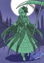 1girl cape dress fascinator fire_emblem fire_emblem:_fortune's_weave full_moon green_hair halloween hat highres holding holding_scythe holding_weapon kanade20207 moon ninae_(fire_emblem) outdoors scythe silk solo solo_focus spider_web torn_cape torn_clothes weapon 
