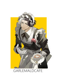  1boy absurdres apron black_dress bow brown_hair coffee commentary_request cowboy_shot crossdressing crossdressing_(mtf) cup dress emet-selch english_text enmaided final_fantasy final_fantasy_xiv frilled_apron frills garlean gloves highres holding holding_saucer latte_art long_sleeves looking_at_viewer maid maid_apron maid_headdress male_focus male_maid mask multicolored_hair og-pogg puffy_sleeves ribbon saucer short_hair simple_background solo spoon third_eye two-tone_hair unworn_mask waist_apron white_apron white_hair wrinkled_skin yellow_eyes 