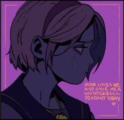  1girl blonde_hair blue_eyes blue_sailor_collar child commentary english_commentary english_text furrowed_brow hairband jewelry necklace parted_bangs portrait profile purple_background red_hairband resident_evil resident_evil_2 sad sailor_collar sherry_birkin shirt short_hair solo upper_body vitaliy_shushko white_shirt 