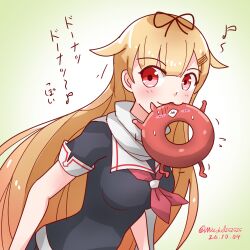  1girl :3 ascot beamed_eighth_notes biting black_serafuku black_skirt blonde_hair blush commentary_request enemy_lifebuoy_(kancolle) hair_flaps hair_ornament kantai_collection long_hair mitchell_(dynxcb25) multicolored_hair musical_note pleated_skirt red_eyes school_uniform serafuku short_sleeves skirt upper_body very_long_hair yuudachi_(kancolle) yuudachi_kai_ni_(kancolle) 