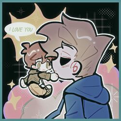  2boys :d animification antenna_hair blue_border blue_hoodie border brown_hair brown_pants chibi chinese_commentary commentary_request drawstring edd_(eddsworld) eddsworld english_text eye_contact from_side green_eyes green_hoodie green_shoes hair_behind_ear hair_between_eyes hand_on_another's_chin highres hollow_eyes hood hood_down hoodie immuir jitome long_sleeves looking_at_another male_focus mini_person miniboy multiple_boys open_mouth pants portrait profile shoes short_hair sideburns smile sparkle spiky_hair thick_lineart tom_(eddsworld) 