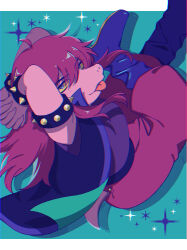  1girl :p absurdres ahoge ankle_boots armlet arms_behind_head arms_up baggy_pants black_boots black_coat blue_eyes boots bracelet chromatic_aberration coat colored_sclera colored_skin commentary_request deltarune dudmii fingernails foot_out_of_frame freckles furry furry_female green_background highres jewelry long_fingernails long_hair multicolored_eyes own_hands_together pants pillarboxed pink_pants pink_skin purple_shirt purple_trim reptile_girl shirt sleeveless sleeveless_coat sleeveless_shirt solo sparkle spiked_armlet spiked_bracelet spikes susie_(dark_world)_(deltarune) susie_(deltarune) tail thick_eyebrows tongue tongue_out two-sided_coat two-sided_fabric two-tone_eyes utdr_(toby_fox) violet_eyes yellow_sclera 