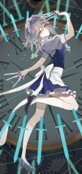  1girl apron between_fingers black_shoes blue_dress blue_eyes bow braid closed_mouth collared_shirt commentary dress full_body gears green_bow grey_hair hair_bow hegata_(hegatia_lapis) highres holding holding_knife izayoi_sakuya kneehighs knife knives_between_fingers long_hair looking_at_viewer maid maid_headdress pinafore_dress puffy_short_sleeves puffy_sleeves roman_numeral shirt shoes short_sleeves sleeveless sleeveless_dress socks solo touhou twin_braids untranslatable_commentary waist_apron white_apron white_shirt white_socks 