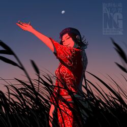  1girl ainu_clothes arm_at_side bag black_hair blue_sky commentary_request dusk field golden_kamuy hat highres inkarmat jawbone moon murata_miku outstretched_arm short_hair sky solo sunset watermark 