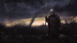  1boy armor artist-provided_artwork battle beard bird blonde_hair bogatyr chainmail clenched_hands corpse crow dark death facial_hair hauberk helmet highres holding holding_polearm holding_weapon kievan_rus male_focus medieval original outdoors polearm russian_clothes scenery shveik_88 sky smoke solo standing vambraces warrior weapon yellow_sky 