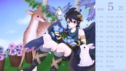  1boy ahoge angel angel_wings armlet bird black_hair blue_flower blue_sky calendar_(medium) clover commentary_request dark_pit deer flower four-leaf_clover gold_armlet highres jewelry kid_icarus kid_icarus_uprising laurel_crown looking_at_viewer male_focus plant potted_plant rabbit red_eyes ri_yua_(10p0x0q04) second-party_source sitting sky wings 