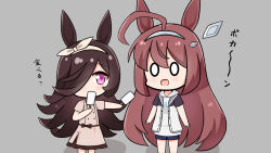  0_0 2girls :d ahoge animal_ears apricotlemontea blue_shorts brown_dress brown_hair brown_hairband brown_ribbon chibi commentary_request covered_mouth dress food grey_background grey_hairband hair_between_eyes hair_over_one_eye hair_ribbon hairband highres holding holding_food hood hood_down hoodie horse_ears ice_cream jacket long_hair mihono_bourbon_(casual)_(umamusume) mihono_bourbon_(umamusume) multiple_girls open_clothes open_jacket ribbon rice_shower_(casual)_(umamusume) rice_shower_(umamusume) shadow short_sleeves shorts simple_background smile translation_request umamusume very_long_hair violet_eyes white_hoodie white_jacket 