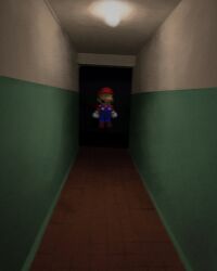  1boy absurdres blue_overalls brown_shoes buttons facial_hair floating full_body gloves hallway hat highres indoors male_focus mario mustache no_eyes noubodying overalls red_hat red_shirt shirt shoes solo super_mario_64 super_mario_bros. tile_floor tiles white_gloves 