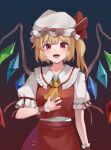  1girl :d absurdres ascot blonde_hair breasts commentary crystal fangs flandre_scarlet gradient gradient_background hat highres koizumo looking_at_viewer medium_breasts mob_cap one_side_up open_mouth puffy_sleeves red_eyes red_vest short_sleeves simple_background skirt smile solo touhou vest wings wrist_cuffs yellow_ascot 