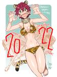  1girl animal_ear_fluff animal_ears animal_print bikini cable chinese_zodiac claw_pose dated english_text eyelashes fangs fingernails ground_vehicle hair_between_eyes highres kusada military military_vehicle motor_vehicle navel open_mouth orange_bikini original outline purple_hair short_hair signature solo swimsuit tail tank thigh_gap tiger_ears tiger_print tiger_stripes tiger_tail toenails tongue translation_request white_outline year_of_the_tiger yellow_eyes 