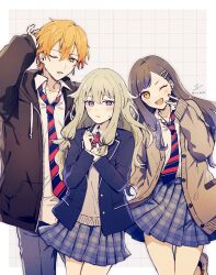  1boy 2girls arm_up black_hair black_jacket blonde_hair bow buttons cardigan chizu_(fiute) closed_mouth collared_shirt commentary diagonal-striped_bow diagonal-striped_clothes diagonal-striped_necktie drawstring green_hair grey_cardigan hair_ornament hairclip hand_up hands_up highres hood hood_down hooded_jacket jacket kamiyama_high_school_uniform_(project_sekai) kusanagi_nene lapels long_hair long_sleeves looking_at_viewer low-tied_sidelocks multicolored_hair multiple_girls multiple_hairclips necktie notched_lapels one_eye_closed open_cardigan open_clothes open_jacket open_mouth orange_eyes orange_hair pants plaid_clothes plaid_skirt pleated_skirt project_sekai school_uniform shinonome_akito shiraishi_an shirt short_hair sidelocks signature skirt smile streaked_hair striped_bow striped_clothes striped_necktie twitter_username two-tone_hair untranslatable_commentary v violet_eyes wing_collar zipper 
