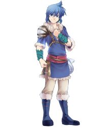  1boy al_(fire_emblem) armor blue_boots blue_shirt boots clenched_hands closed_mouth english_commentary fire_emblem fire_emblem:_hasha_no_tsurugi fur-trimmed_boots fur-trimmed_shirt fur_trim hand_on_own_chest highres looking_at_viewer male_focus pants pauldrons shirt shoulder_armor simple_background single_pauldron smile transparent_background vale-shiro white_pants 