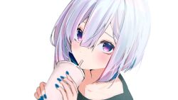  1girl alternate_costume amane_kanata blue_hair blue_nails blurry blurry_foreground bob_cut bridal_gauntlets colored_inner_hair commentary cup depth_of_field disposable_cup double-parted_bangs drinking_straw drinking_straw_in_mouth film_grain grey_hair hair_between_eyes highres holding holding_cup hololive multicolored_hair nail_polish pink_streaks raised_eyebrows short_hair simple_background solo streaked_hair sui._(suikun) untranslatable_commentary upper_body violet_eyes virtual_youtuber white_bridal_gauntlets 