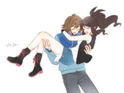  1boy 1girl black_vest blue_jacket brown_hair carrying carrying_person commentary cutoffs denim denim_shorts exposed_pocket high_ponytail highres hilbert_(pokemon) hilda_(pokemon) jacket nemu_insleeping open_clothes open_vest pokemon pokemon_black_and_white ponytail princess_carry shorts smile untranslatable_commentary vest wristband zipper_pull_tab 