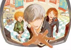  1girl 2boys black_jacket black_skirt brown_eyes brown_hair checkered_floor commentary computer english_commentary fisheye fluorescent_lamp full_body green_jacket grey_eyes grey_hair hair_between_eyes hanamura_yousuke hanging_sign headphones headphones_around_neck highres houndstooth jacket lapels long_sleeves multiple_boys narukami_yu notched_lapels open_mouth orenorenji outstretched_arm persona persona_4 popped_collar satonaka_chie school_uniform short_hair simple_background skirt tile_floor tiles upper_body white_background yasogami_school_uniform 