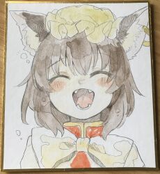  1girl :d ^_^ animal_ear_fluff animal_ears bow bowtie brown_hair cat_ears chen closed_eyes commentary_request earrings facing_viewer fangs green_hat hat highres jewelry mob_cap niseneko_(mofumofu_ga_ienai) open_mouth shikishi short_hair single_earring smile solo touhou traditional_media yellow_bow yellow_bowtie 
