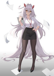  1girl absurdres black_pantyhose black_skirt breasts coat commentary_request eye_hair_ornament full_body genshin_impact hair_intakes high_heels highres holding holding_tablet_pc huanyueyuhua large_breasts long_hair looking_at_viewer office_lady pantyhose paper pencil_skirt ronova_(genshin_impact) shirt skirt solo symbol-shaped_pupils tablet_pc very_long_hair white_coat white_hair white_shirt yellow_eyes 