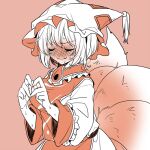  1girl blush closed_eyes embarrassed fox_tail full-face_blush hat heart heart_hands kitsune kyuubi long_sleeves mob_cap multiple_tails short_hair solo sweat sweating_profusely tabard tail touhou unkmochi yakumo_ran 