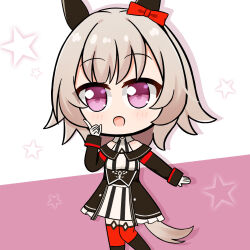  1girl animal_ears apricotlemontea black_boots black_jacket boots bow breasts brown_hair commentary_request curren_chan_(fille_eclair)_(umamusume) curren_chan_(umamusume) dress ear_bow highres horse_ears horse_girl horse_tail jacket knee_boots knees_together_feet_apart medium_breasts off-shoulder_jacket off_shoulder purple_background red_bow red_thighhighs solo standing standing_on_one_leg star_(symbol) striped_clothes striped_dress tail thigh-highs thighhighs_under_boots two-tone_background umamusume vertical-striped_clothes vertical-striped_dress violet_eyes white_background 