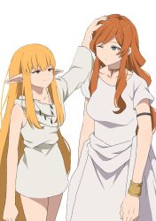  2girls bare_shoulders blonde_hair dress elf flamme_(sousou_no_frieren) gold_bracer gold_choker green_eyes headpat highres long_hair multiple_girls one_eye_closed orange_hair pointy_ears serie_(sousou_no_frieren) simple_background sousou_no_frieren white_background white_dress yasehattagi yellow_eyes 