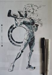  1girl absurdres arms_up assault_rifle bodysuit breasts character_name commentary dawn_collins edward_jordan english_commentary english_text eyelashes full_body greyscale gun highres holding holding_gun holding_weapon knee_guards lips looking_at_viewer marker_(medium) medium_hair monochrome nose over_shoulder paper_background parted_lips pen_(medium) photo_(medium) rifle selaco shinkawa_youji_(style) signature small_breasts solo standing thigh_armor traditional_media weapon weapon_over_shoulder 