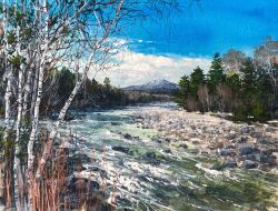  bare_tree blue_sky clouds commentary day english_commentary forest gouache_(medium) kate_avery mountain nature new_hampshire no_humans original outdoors painting_(medium) river riverbank scenery sky traditional_media tree 